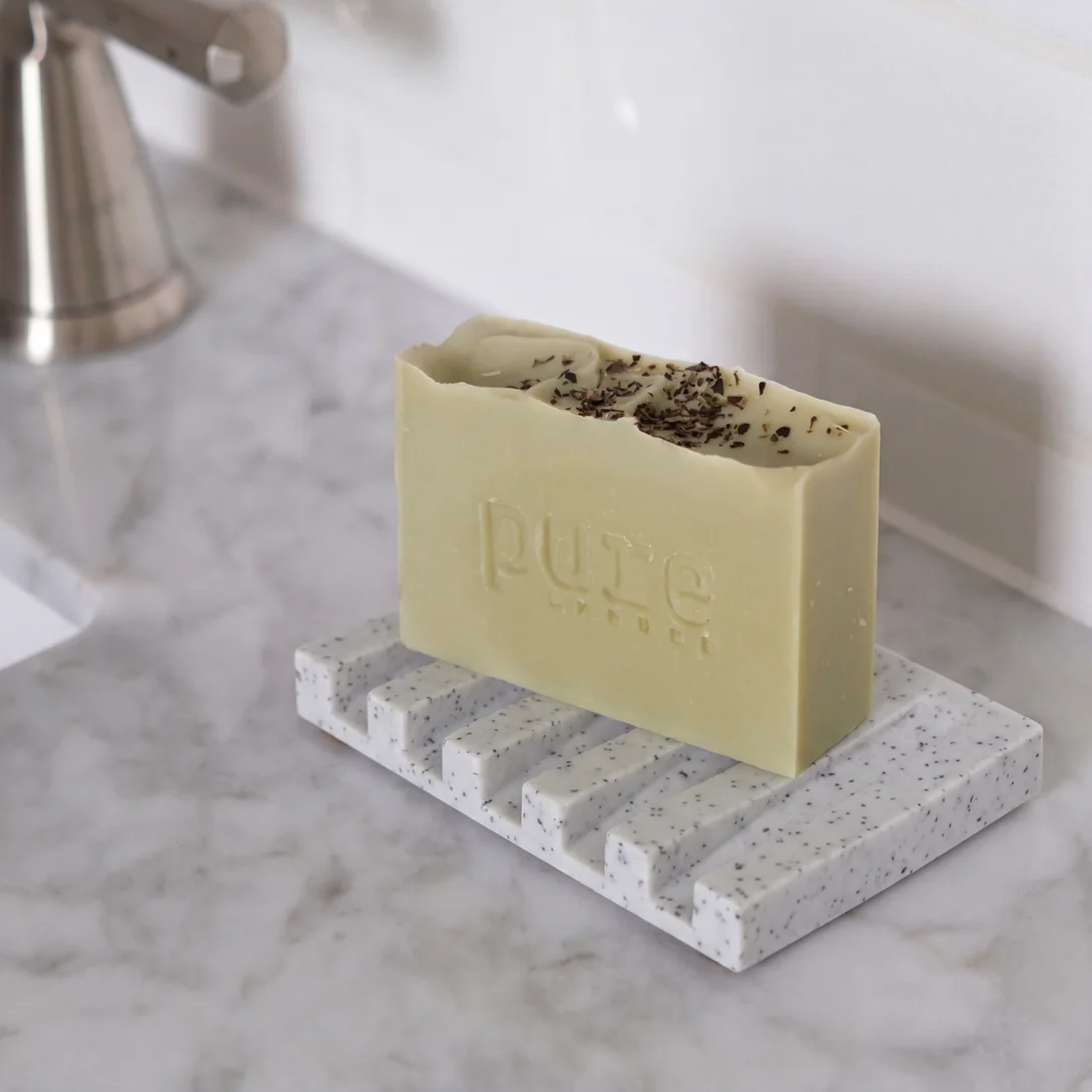 White Soap Tray marble quartz pattern In a bathroom by Pure Spruce