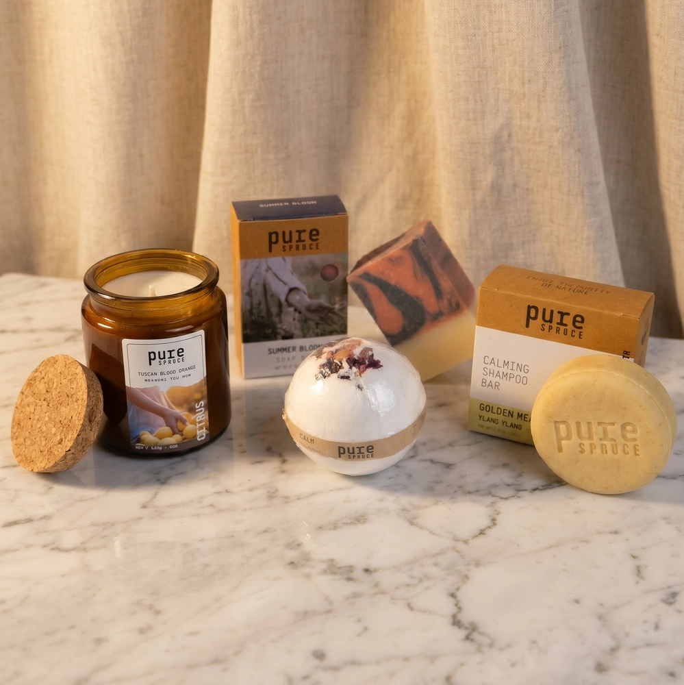 Large gift box options with candle, bath bomb, shampoo bar & soap. By Pure Spruce