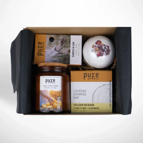 Gift box large by Pure Spruce with bath and body products. Soap, bath bomb, shampoo & candle