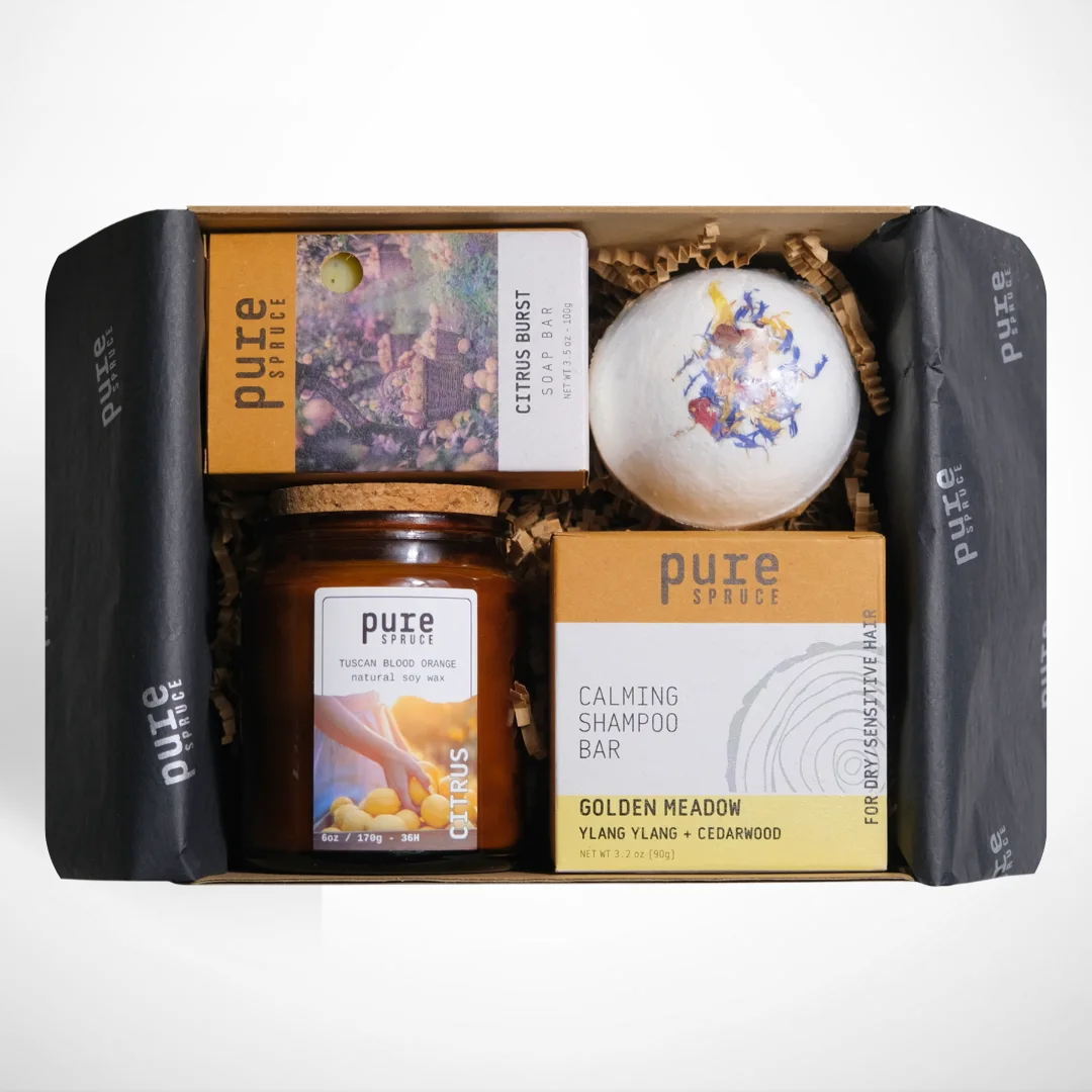 Gift box large by Pure Spruce with bath and body products. Soap, bath bomb, shampoo & candle
