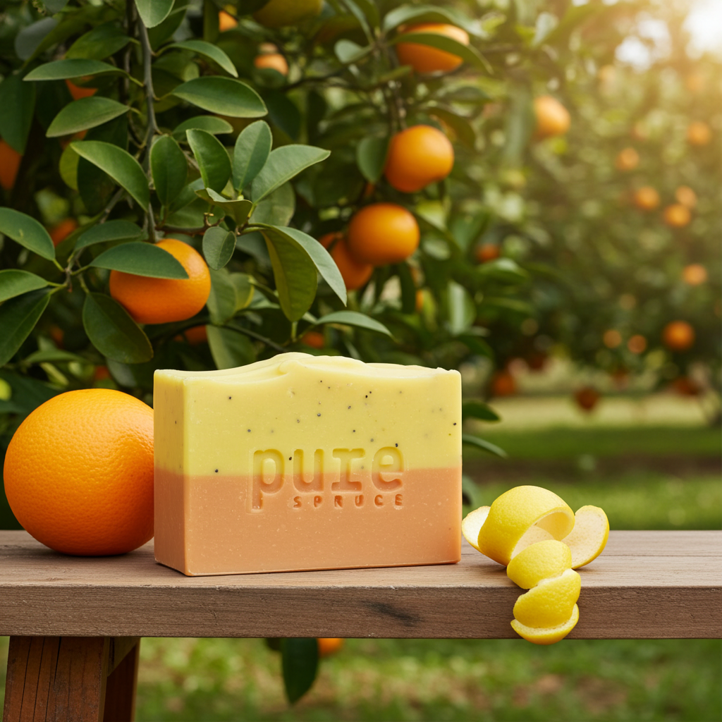 Vibrant Citrus Burst soap bar near fresh oranges.