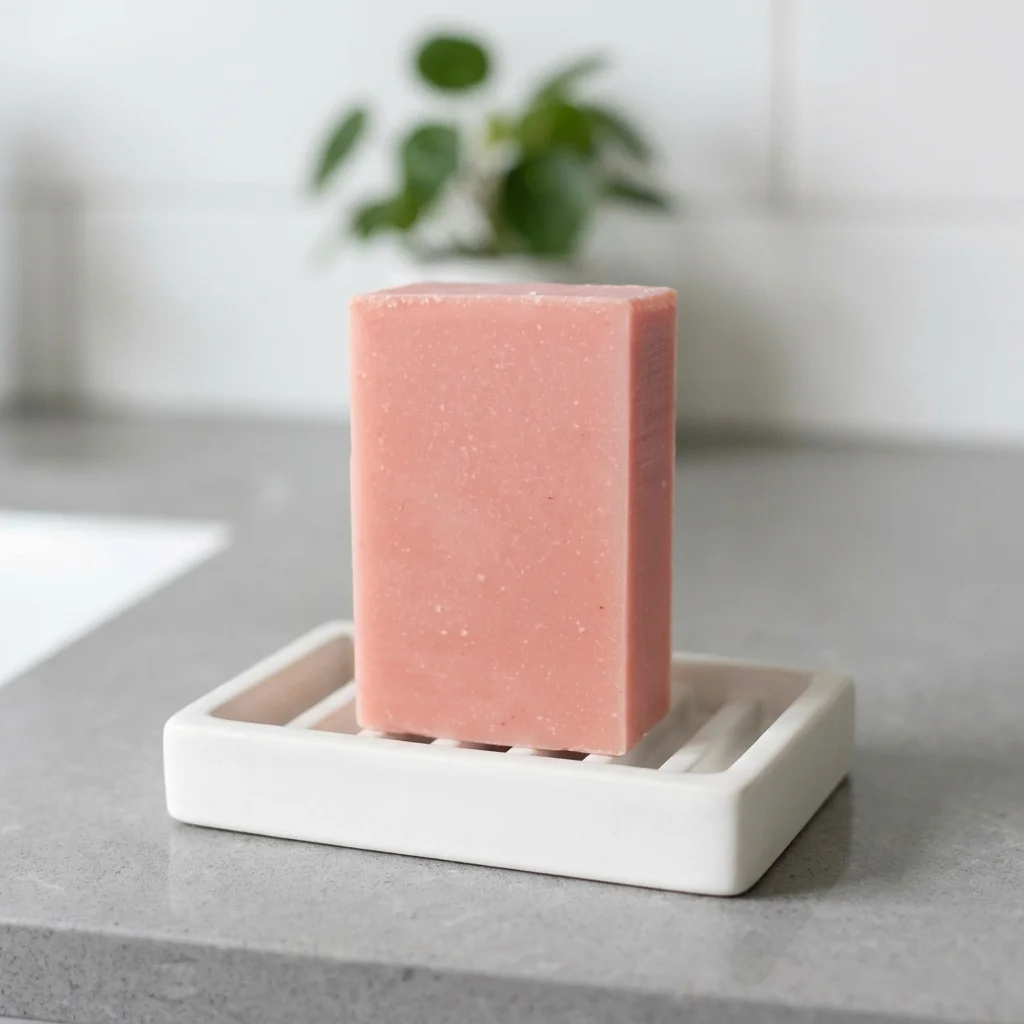 English rose soap bar by Pure Spruce on a soap dish