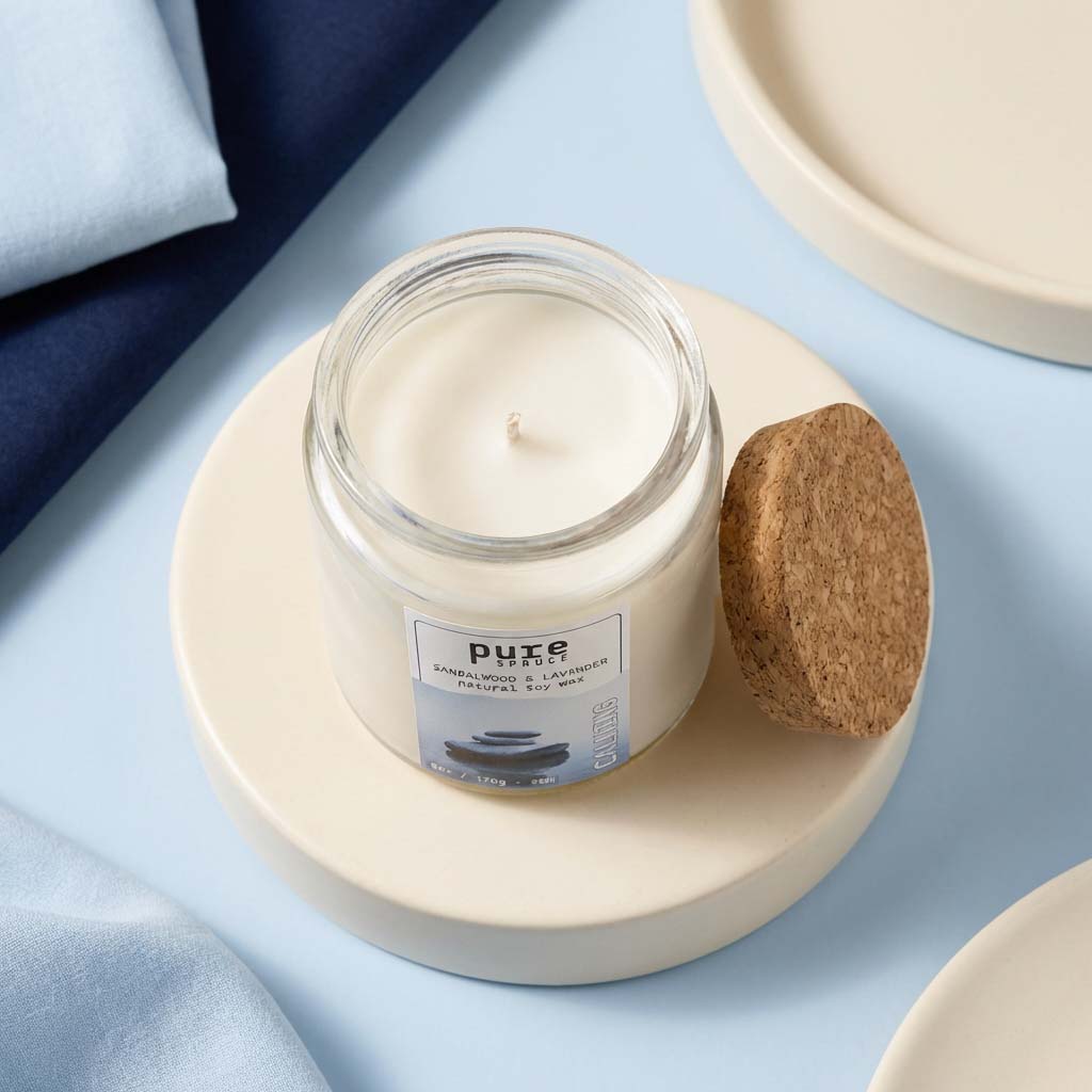 Calming Soy wax Candle Top down Cork lid Pure Spruce