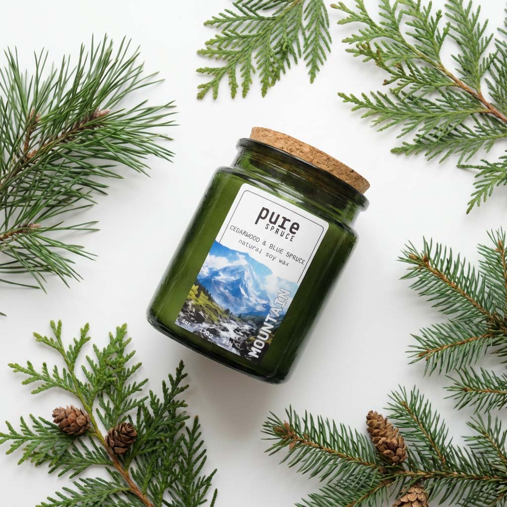 Mountain Soy Wax Candle Green Glass Pure Spruce Cedarwood & Spruce Ingredients top down