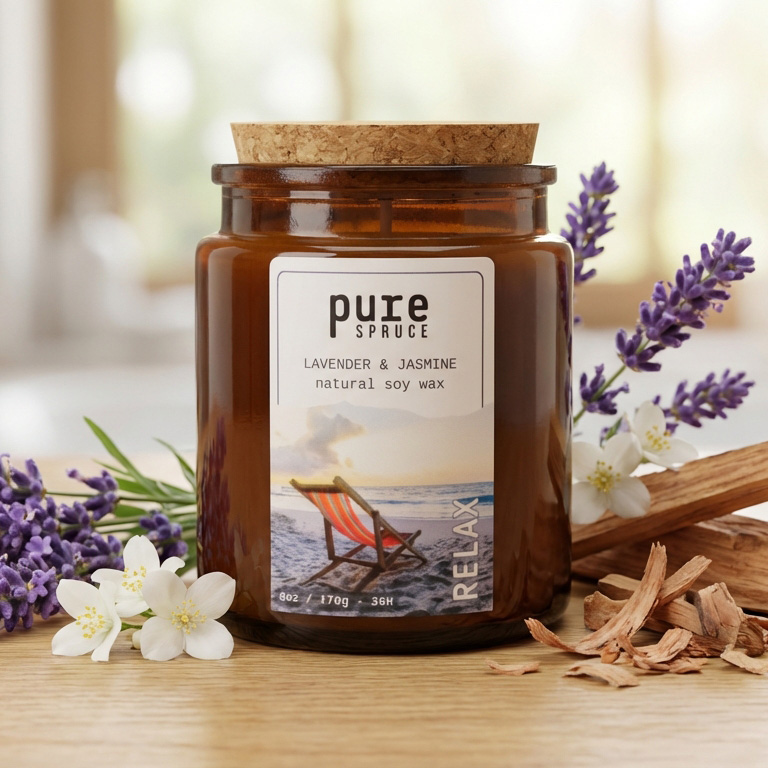 Relax Amber Soy Wax Candle Top down Lavander & Jasmine Font Pure Spruce