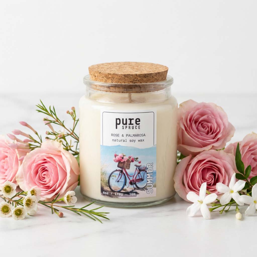 Summer Rose & Palmarosa Glass Candle Pure Spruce Font facing