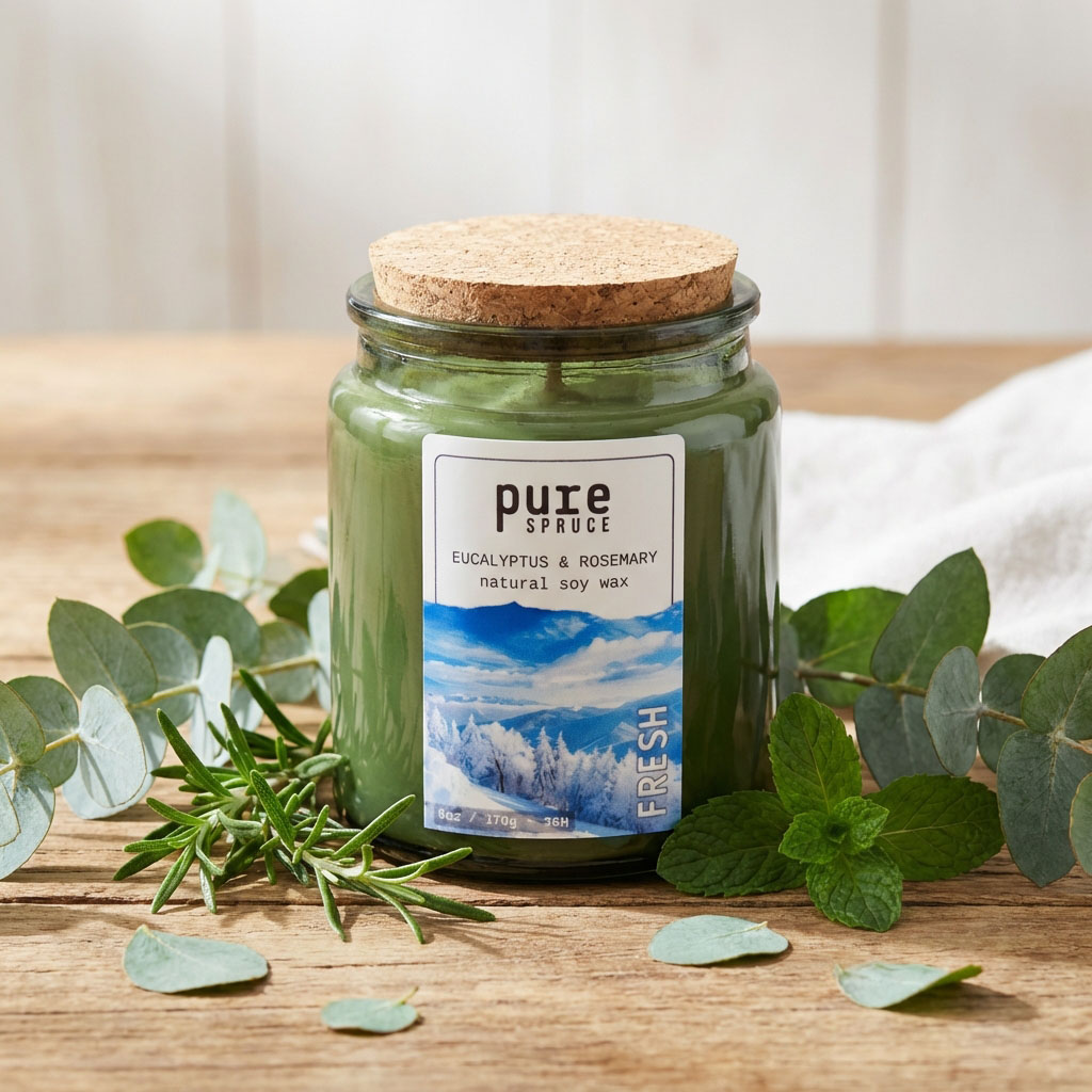 Fresh Green Glass Candle Soy Wax Pure Spruce with Rosemary & Eucalyptus
