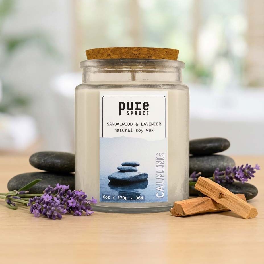 Calming Soy wax Candle Font with Sandalwood & Lavander Pure Spruce