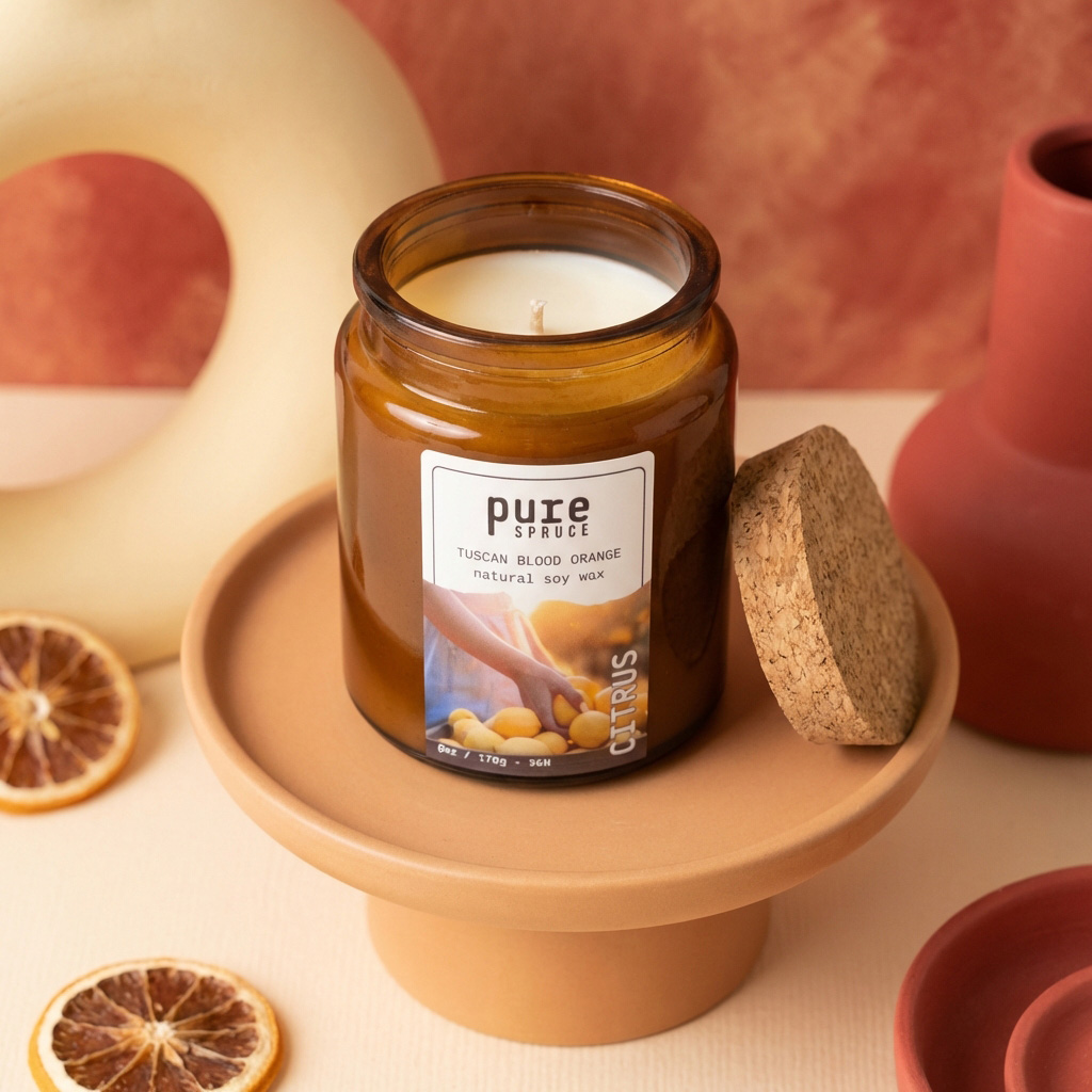 Citrus Blood-Orange Amber Glass Soy Wax Candle Pure Spruce Top Down Cork Lid
