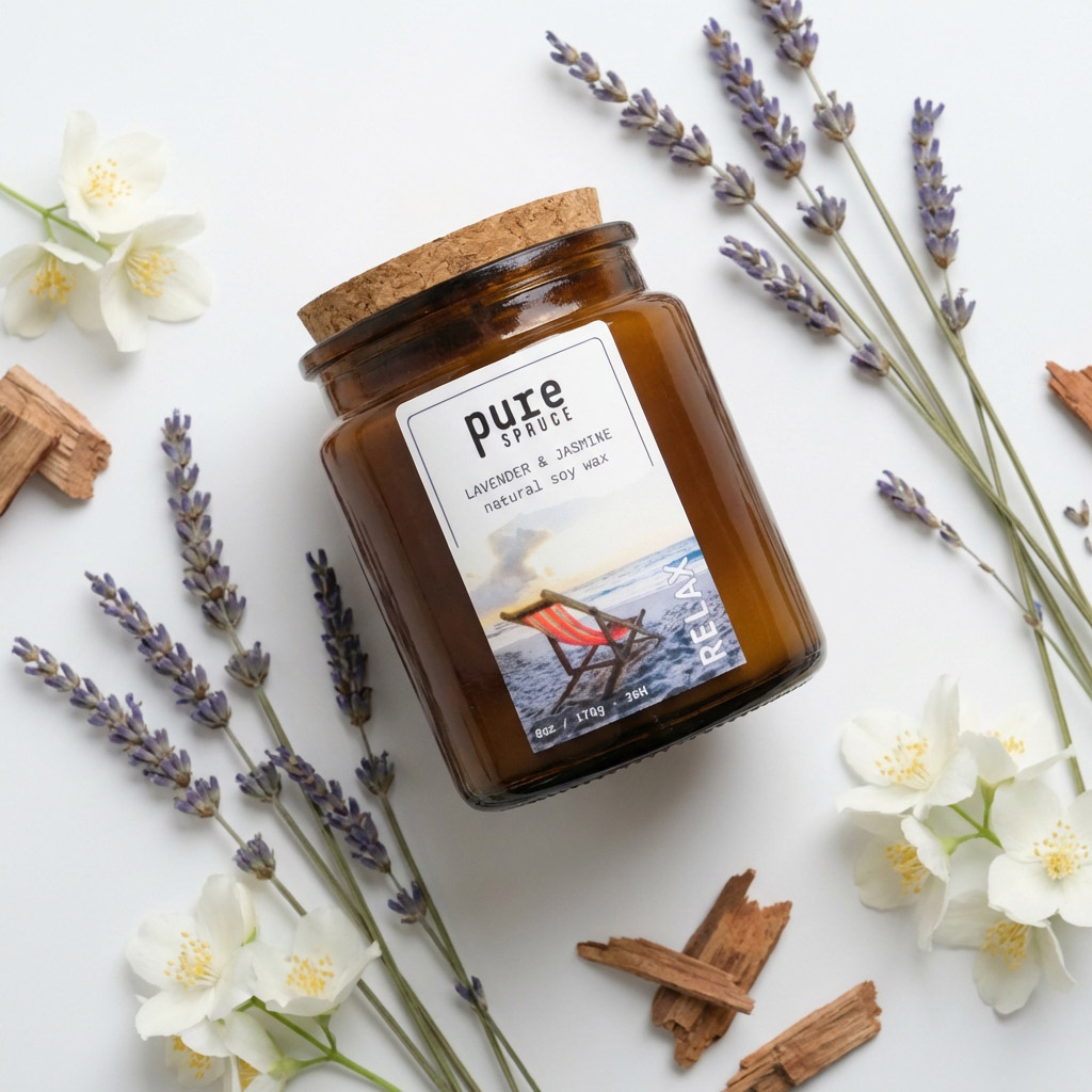 Relax Amber Soy Wax Candle Top down Lavander & Jasmine & Cedarwood Ingredients