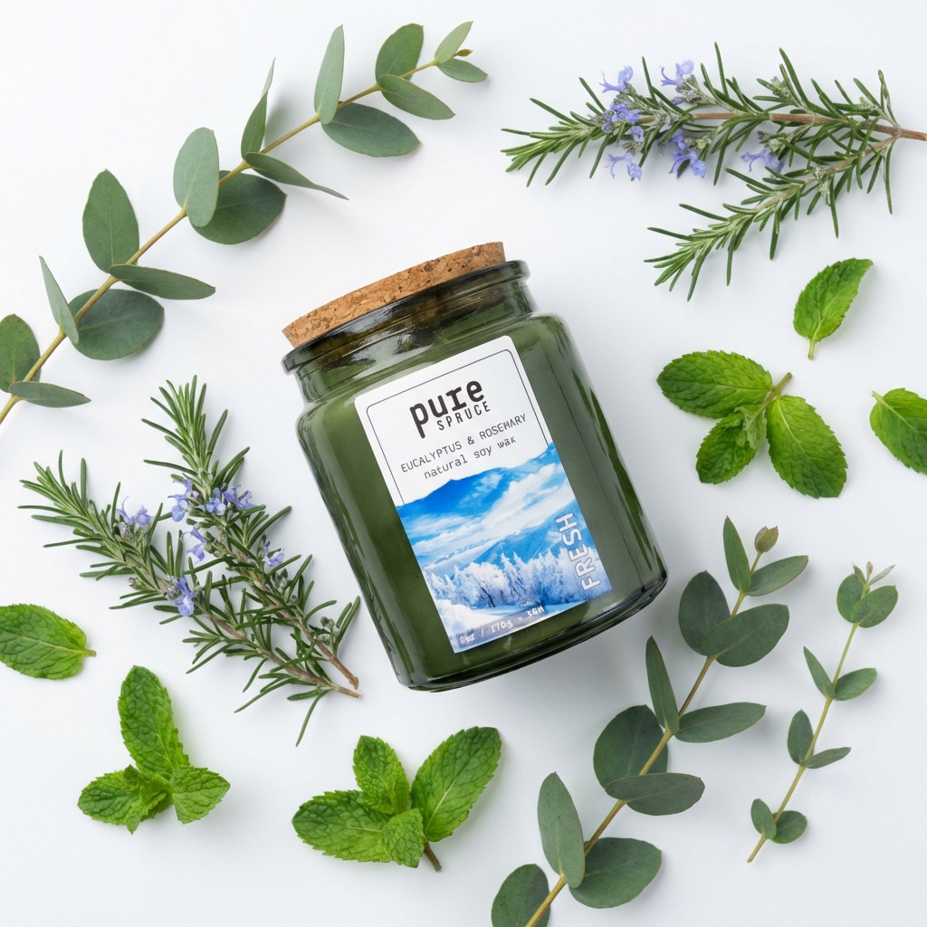 Fresh Green Glass Candle Soy Wax Pure Spruce with Rosemary & Eucalyptus Top down Ingredients