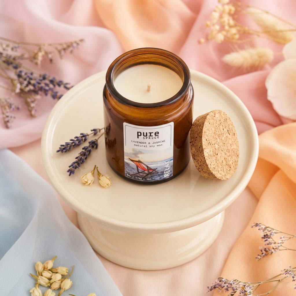 Relax Amber Soy Wax Candle Top down Lavander & Jasmine top down