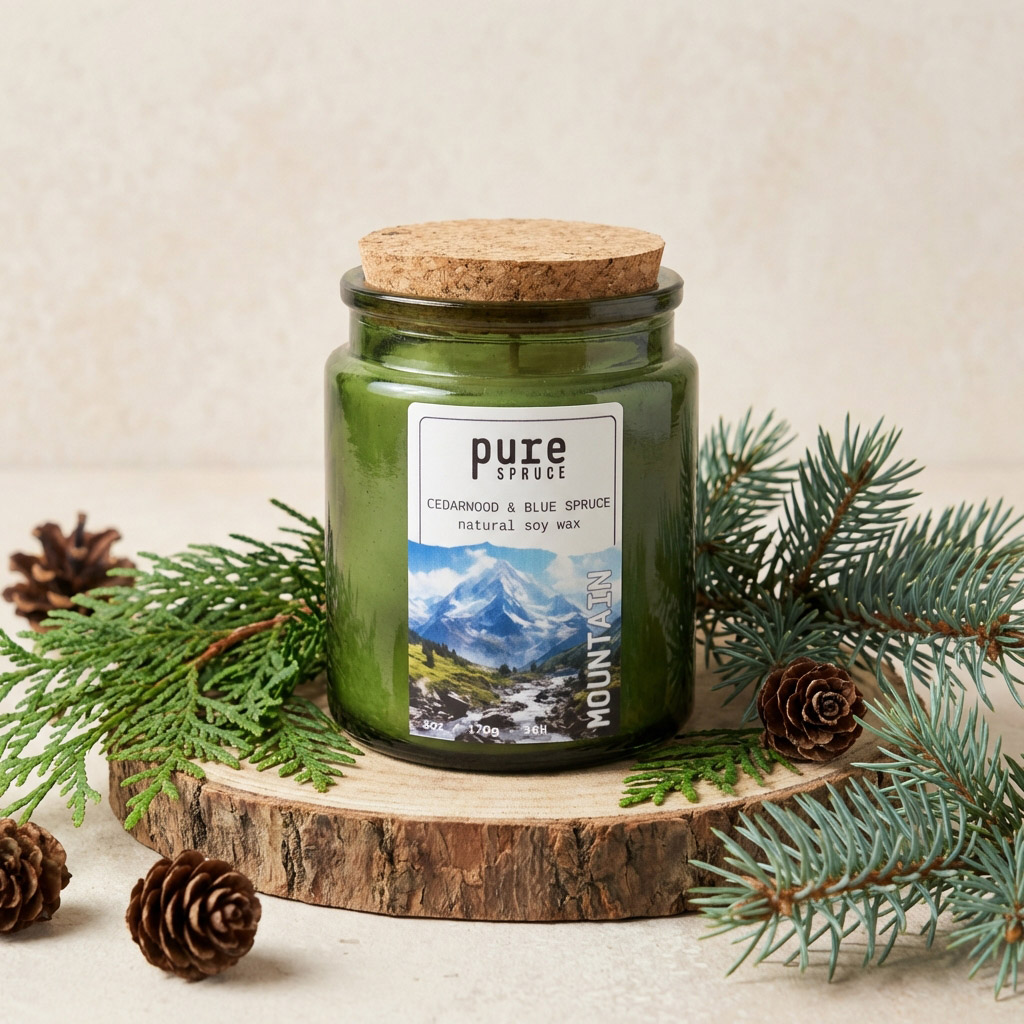 Mountain Soy Wax Candle Green Glass Pure Spruce Cedarwood & Spruce