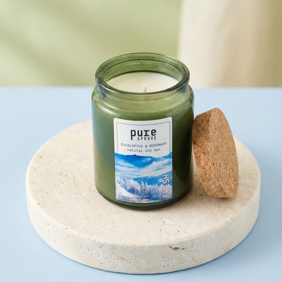 Fresh Soy Wax Candle Green Glass Pure Spruce Top Down Cork Lid