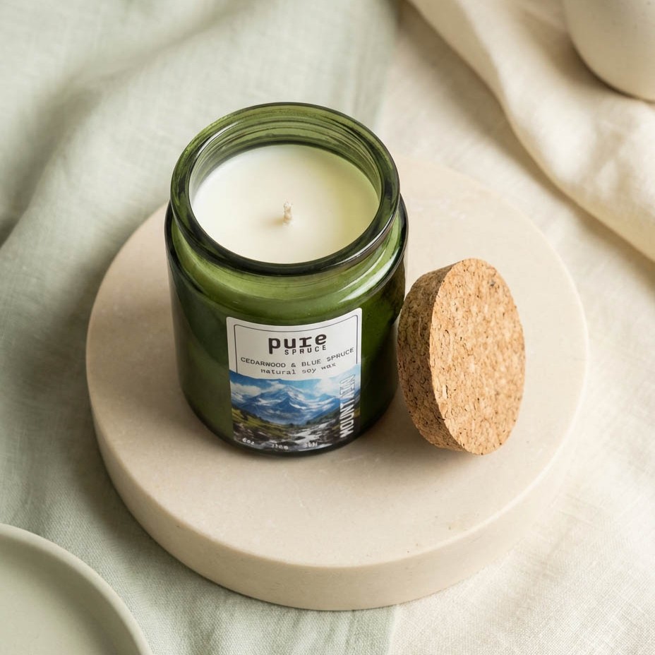 Mountain Soy Wax Candle Green Glass Pure Spruce Top down Cork lid