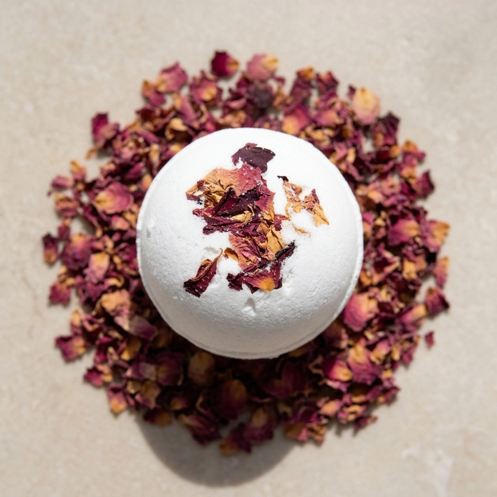 Pure Spruce: Calming Rose & Ylang Ylang Artisan Bath Bomb top down