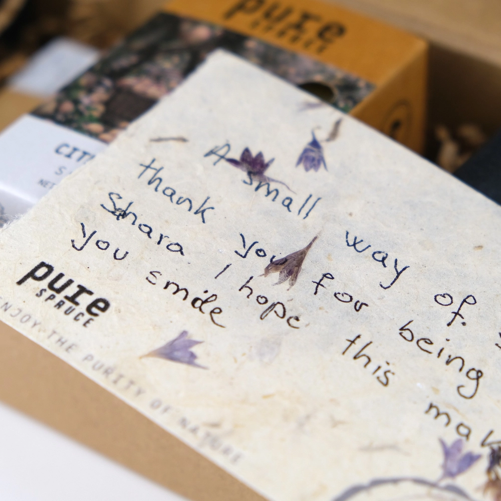 Pure Spruce: Gift box small message hand written by pure spruce, natural paper