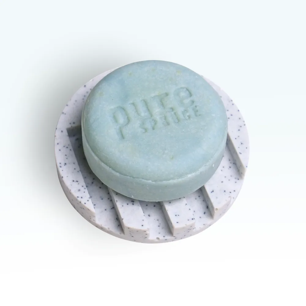 White Circle draining tray Pure Spruce With Clam Sky Shampoo bar