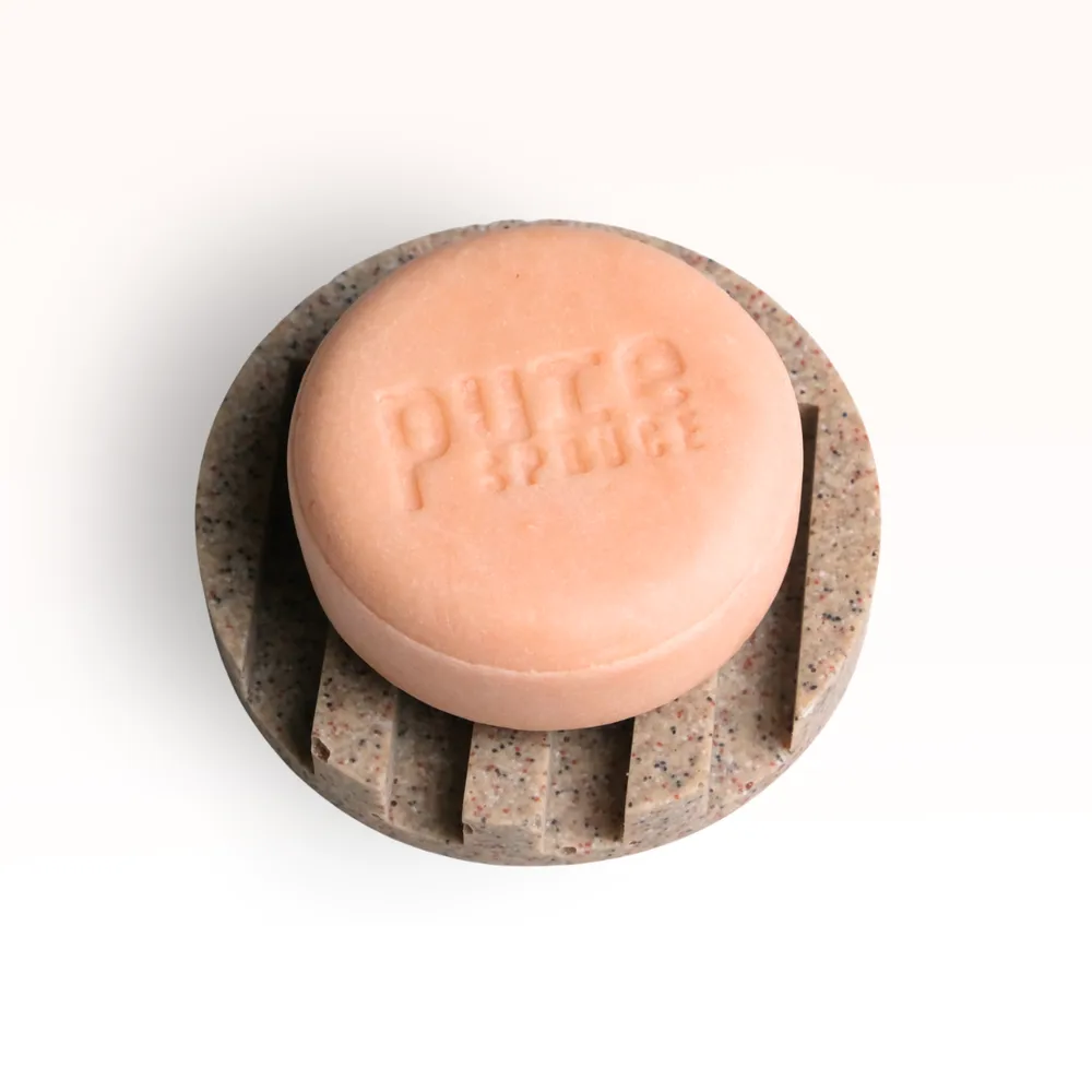 Brown Circle draining tray Pure Spruce With Clam Sky Shampoo bar